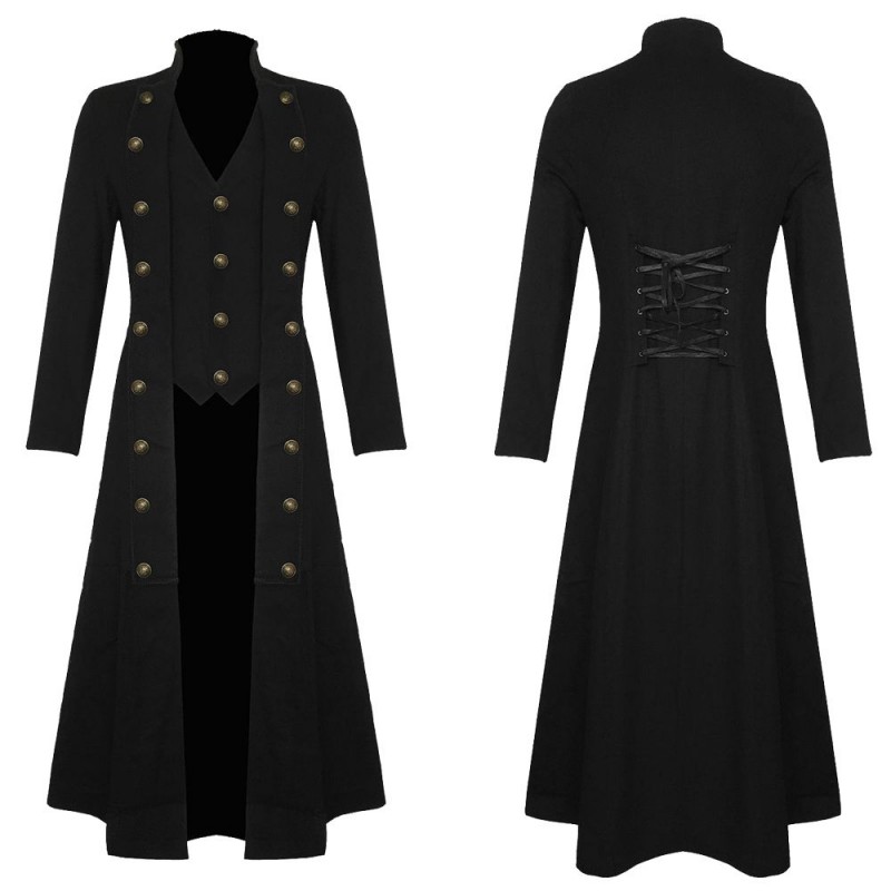 Men Gothic Trench Coat Twill Steampunk Jacket Goth Victorian Military Style Jacket